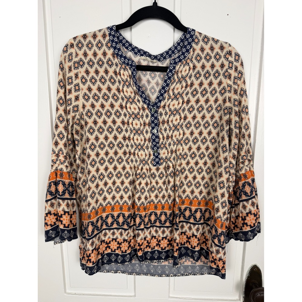 Mystree Boho Geometric Print Bell Sleeve Peasant Blouse Navy Orange Small
